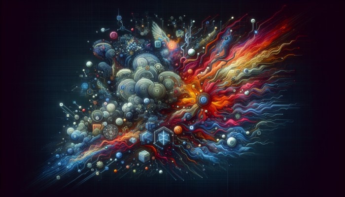 Digital tapestry showcasing AI, blockchain, and IoT, highlighting emerging tech trends' fluidity and excitement.