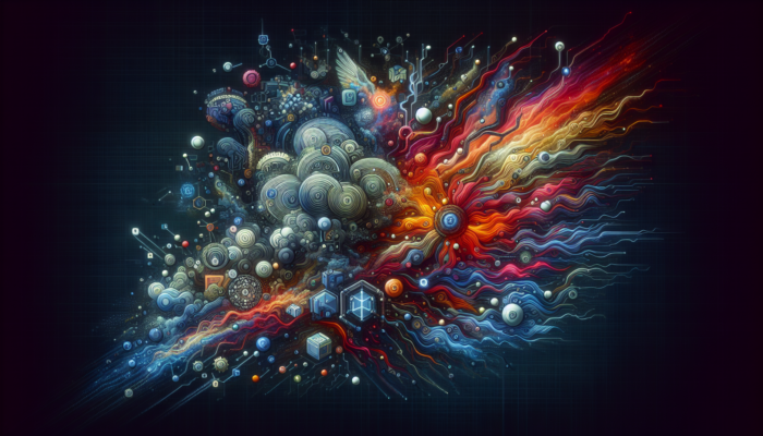 Digital tapestry showcasing AI, blockchain, and IoT, highlighting emerging tech trends' fluidity and excitement.