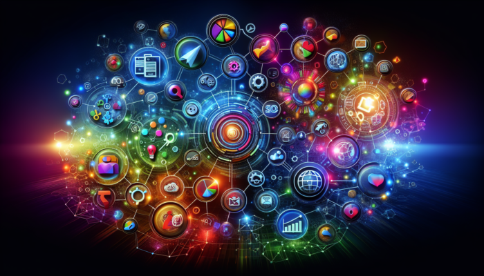 Full Service Digital Marketing: A digital marketing hub showcasing SEO, PPC, social media, email, and analytics in a unified strategy.