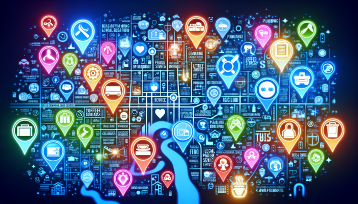 Local Digital Marketing: A city map highlighting local businesses like coffee shops and plumbing services, optimised for local SEO.