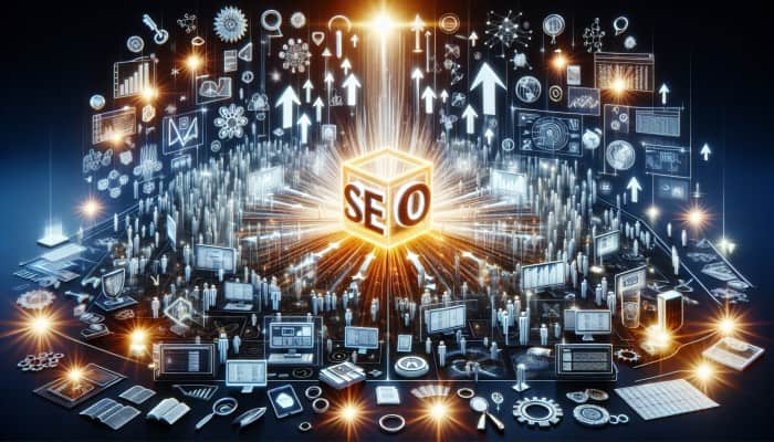 A glowing website surrounded by SEO icons and upward arrows, symbolising enhanced online visibility and business growth.