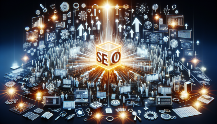 A glowing website surrounded by SEO icons and upward arrows, symbolising enhanced online visibility and business growth.