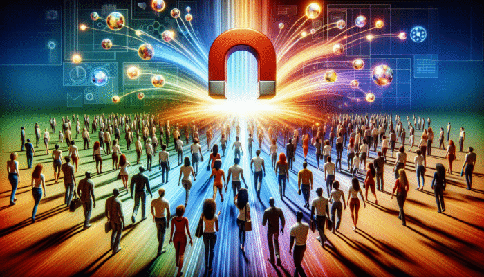 Inbound Digital Marketing: A magnet attracting people to a screen with engaging content, symbolising inbound marketing.