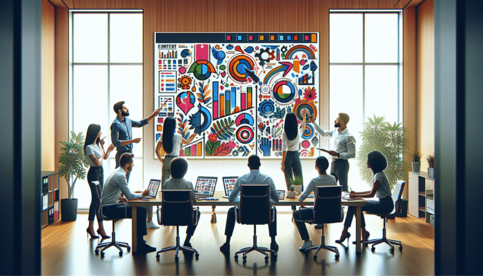 A digital marketing team strategising over a colorful content calendar in a modern office.