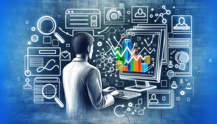 Digital Marketing Services: Person using Google Keyword Planner and SEMrush on a computer, analysing graphs and keywords for effective audience targeting.