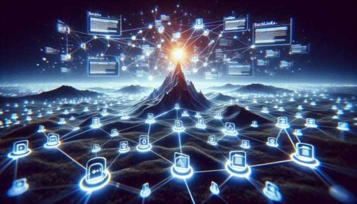 A digital landscape with glowing backlinks enhancing a central node's authority, symbolising SEO strategies.