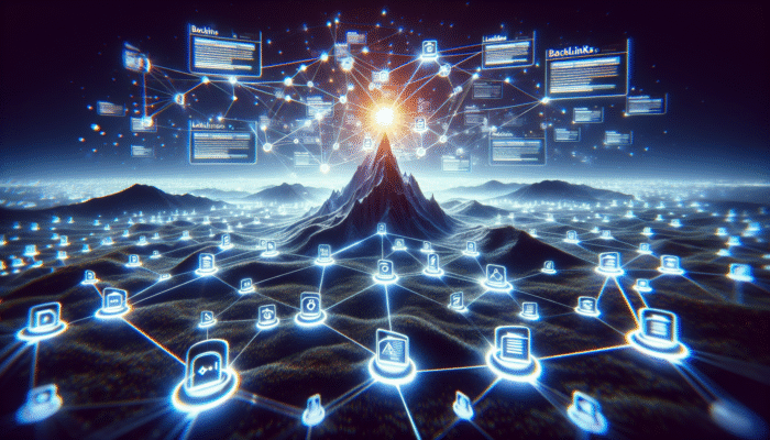 A digital landscape with glowing backlinks enhancing a central node's authority, symbolising SEO strategies.