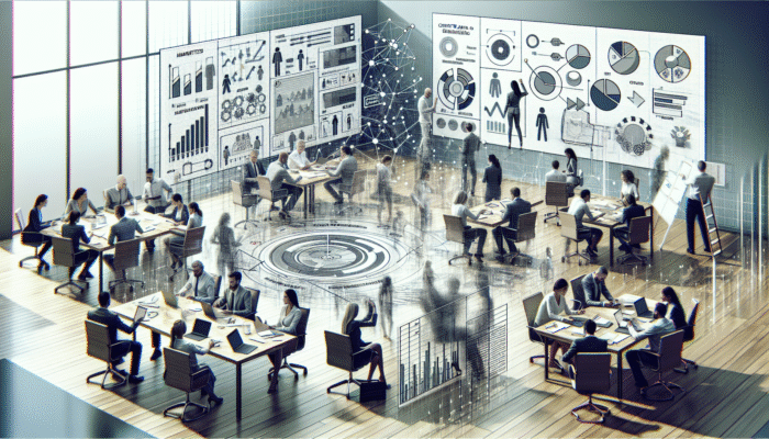 Top Content Marketing Agencies: Marketers in an office analysing data, strategising on whiteboards, with charts and graphs around.