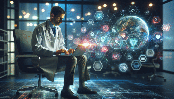 A healthcare provider using a laptop to enhance online visibility through website optimization and social media engagement.