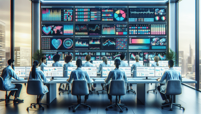 A diverse team analyzing colorful data analytics graphs on digital screens in a modern healthcare office.
