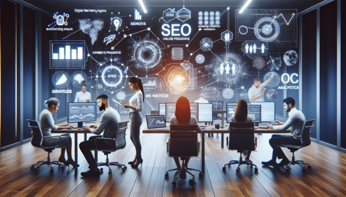 A digital marketing team working on SEO, PPC, and analytics in an office filled with data screens.