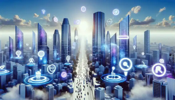 A futuristic cityscape with holographic voice search queries above skyscrapers, highlighting SEO strategies for longer phrases and mobile-first designs.
