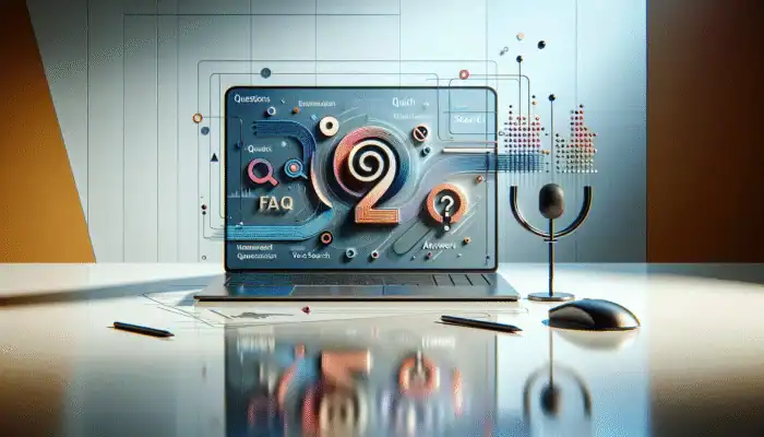 A laptop screen showing a modern FAQ page with clear question-answer format and headings in a bright office.