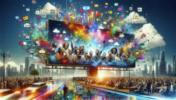 "Share Your Experience!" billboard with happy customers on devices, colorful speech bubbles, cityscape.