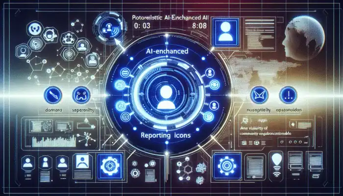 A futuristic digital interface showing AI-enhanced reporting icons categorized by severity and nature on a user-friendly screen.