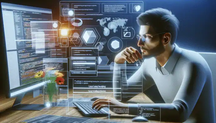 A web developer selecting tools for lazy loading to enhance website performance in a modern workspace.