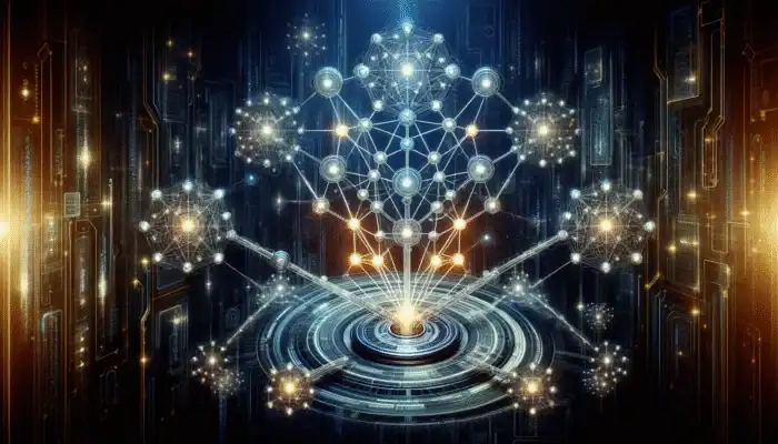 AI tool analysing glowing nodes representing premium backlink sources, enhancing SEO on a futuristic digital backdrop.