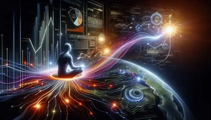 Individual using AI to analyse competitor backlinks, identifying trends and opportunities in industry forums and blogs.