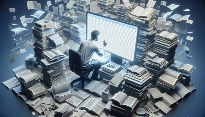 A person conducting research on a computer surrounded by books and medical journals, enhancing content credibility.