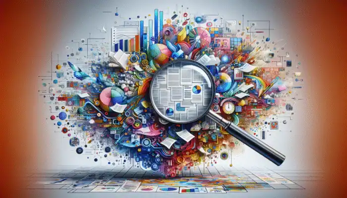 A vibrant collage featuring a magnifying glass over documents and colourful case studies, symbolising E-E-A-T in quality content.