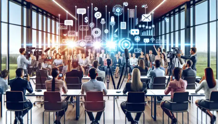 A diverse group of clients providing glowing testimonials in a contemporary office equipped with digital recording tools.