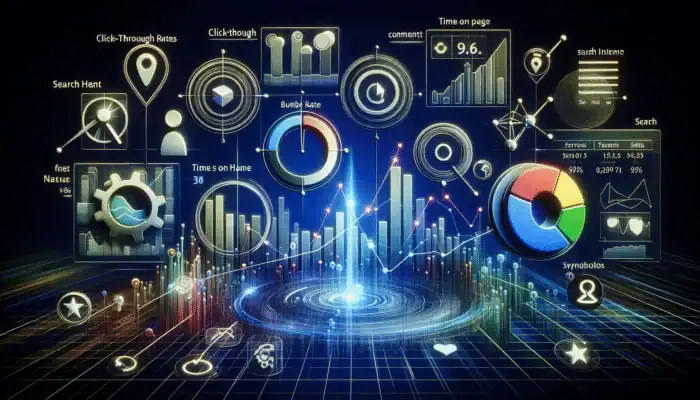 A digital dashboard showing Google Analytics data with graphs on click-through, bounce rates, and time on page.