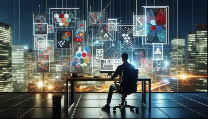 Person brainstorming content strategy amidst screens, modern office, city skyline view.