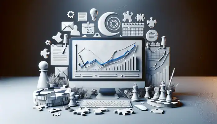 A computer displaying a PPC campaign dashboard with marketing documents, graphs, and a calendar.