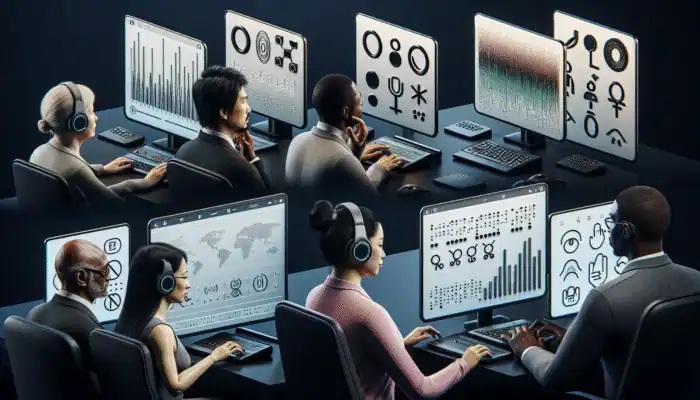 Diverse group using assistive technologies to access website, with alt text icons symbolizing inclusivity.