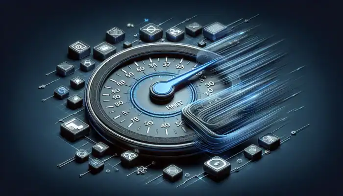 A digital speedometer showing reduced HTTP requests with icons of images, stylesheets, and servers connected by data streams.