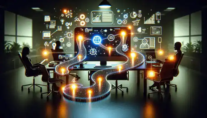 Breadcrumb trail on screen: 'Products > Electronics > Mobile Phones', SEO keywords highlighted, in modern office.