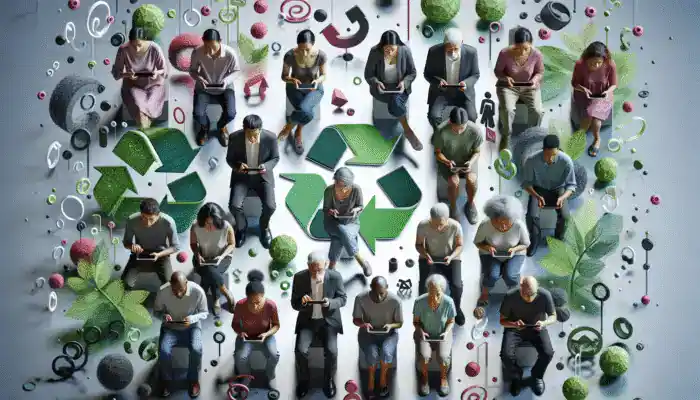 Diverse group using digital devices, surrounded by sustainability symbols in a modern setting.