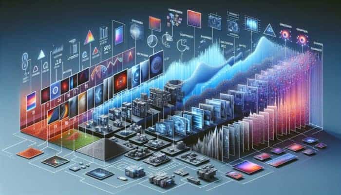 Images at different compression levels with graphs showing file size and quality balance.