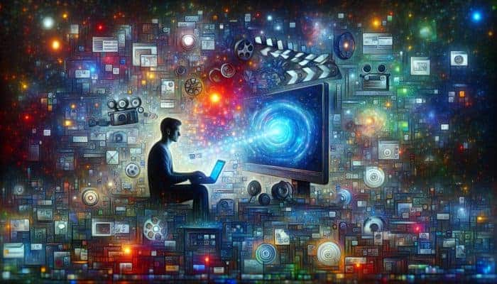 Person researching keywords on computer, with graphs, search results, video editing tools, and metadata tags visible.