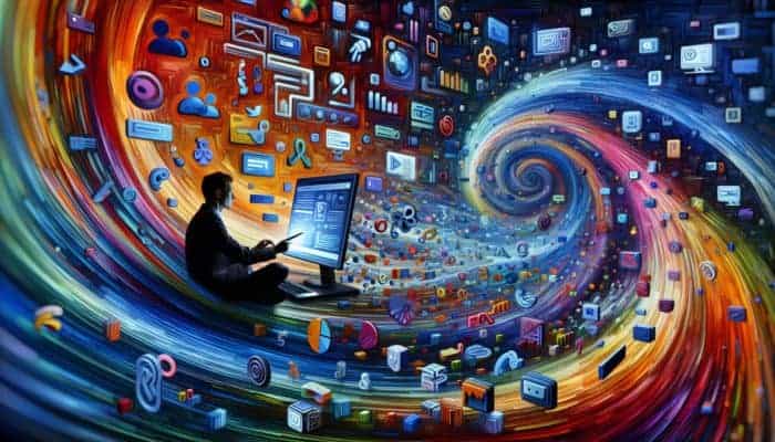 A person analyzing data on a computer with icons of Quora, Reddit, and Google Trends, surrounded by colorful graphs and trending topics.