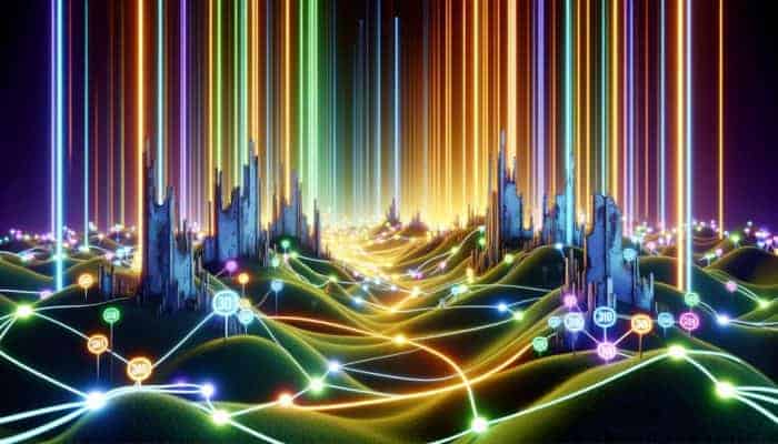 Glowing pathways connect old, faded URLs to new, vibrant ones, symbolising link equity preservation during website rebranding.