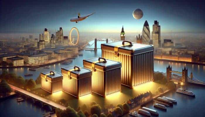 Visual representation of tiered service packages on a modern interface against a UK cityscape.