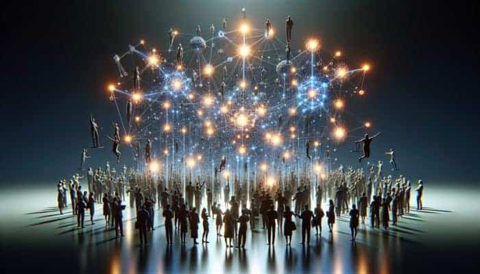 A glowing network of nodes illustrating high-quality, authoritative branded content that attracts backlinks, eagerly shared by industry leaders.