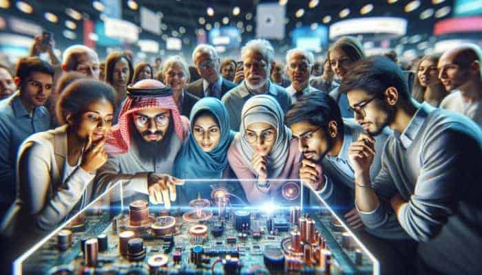 A diverse group of tech enthusiasts at a tech expo, examining the latest gadgets with focused expressions.