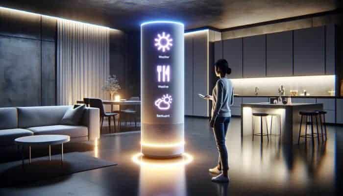 Optimize for Conversational Voice Queries: A person using voice commands to ask a smart speaker about weather and restaurant suggestions in a futuristic smart home.