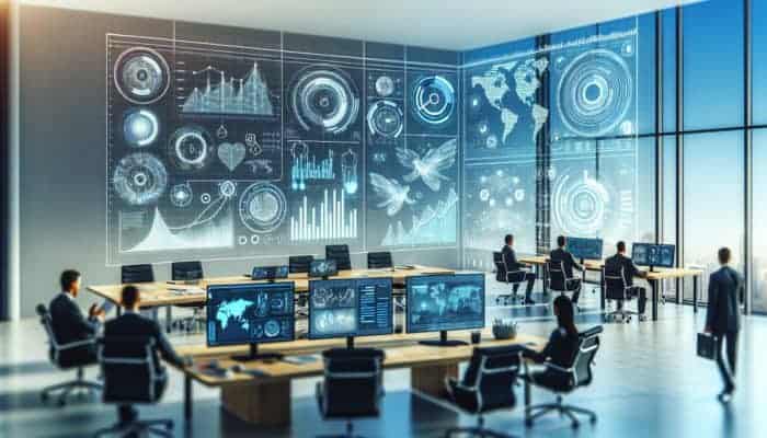 A digital dashboard showing sanity metrics and strategic marketing elements in a modern office.