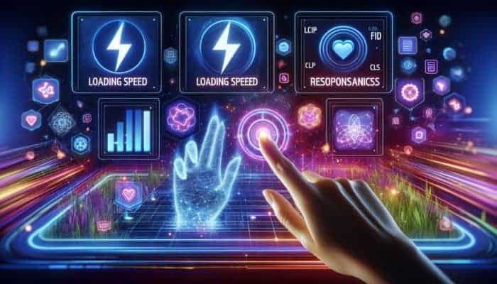 Optimise for Core Web Vitals: Core Web Vitals metrics: LCP, FID, CLS displayed on a digital interface with graphs and icons.