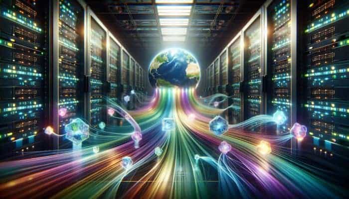 A futuristic server room with optimized data streams, WebP icons, and a global CDN enhancing website performance.