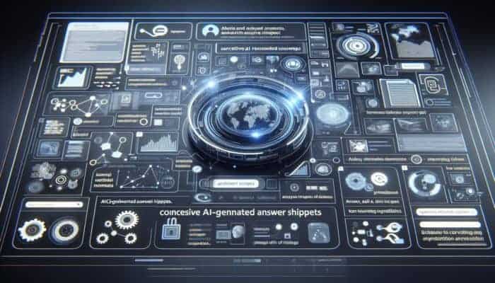 Create Content for AI Answer Snippets: Futuristic digital interface with AI-generated answer snippets at top of search results, showing diverse data streams and icons.