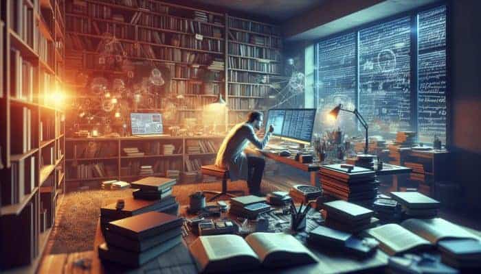 A researcher crafting a detailed research strategy at a desk surrounded by books and digital devices in a cozy study room.