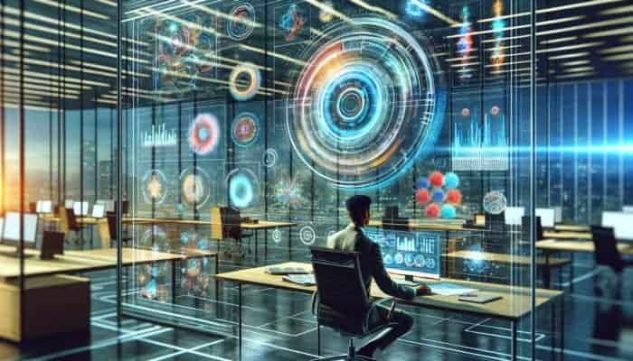 Futuristic dashboard with vibrant data visualizations and holographic screen in a modern office.