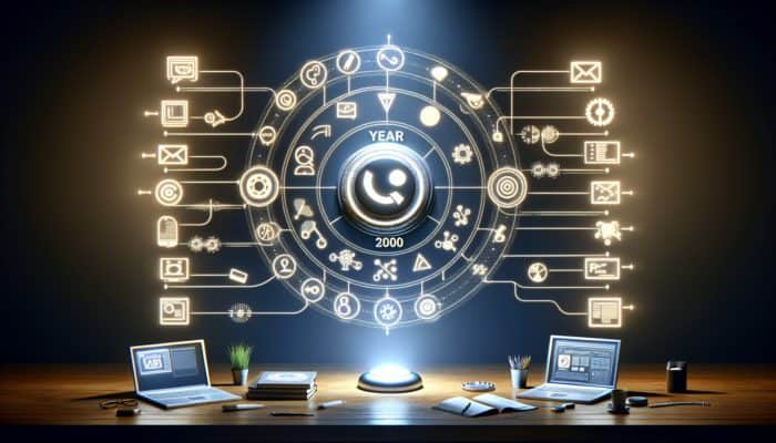 Timeline graphic of digital marketing evolution, focusing on 2000 Google AdWords introduction with glowing pay-per-click button.