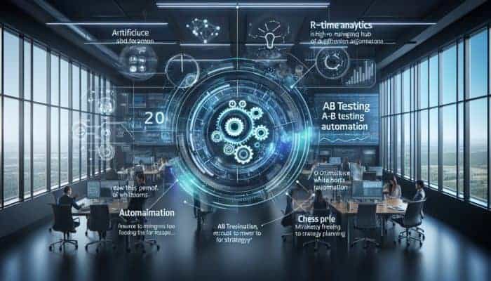 AI-driven marketing hub with real-time analytics, optimizing ads and automating tests in a modern office.