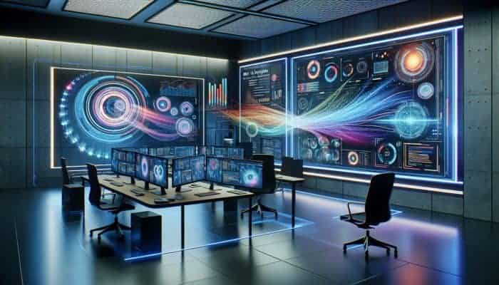 A futuristic interface with colourful graphs and data streams analysing meta descriptions using AI tools in a modern workspace with holographic screens.