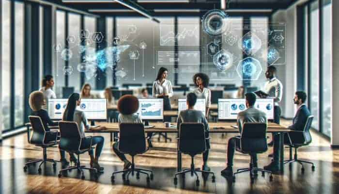 A diverse SEO team in a modern office, training with AI tools on large screens for data-driven insights.